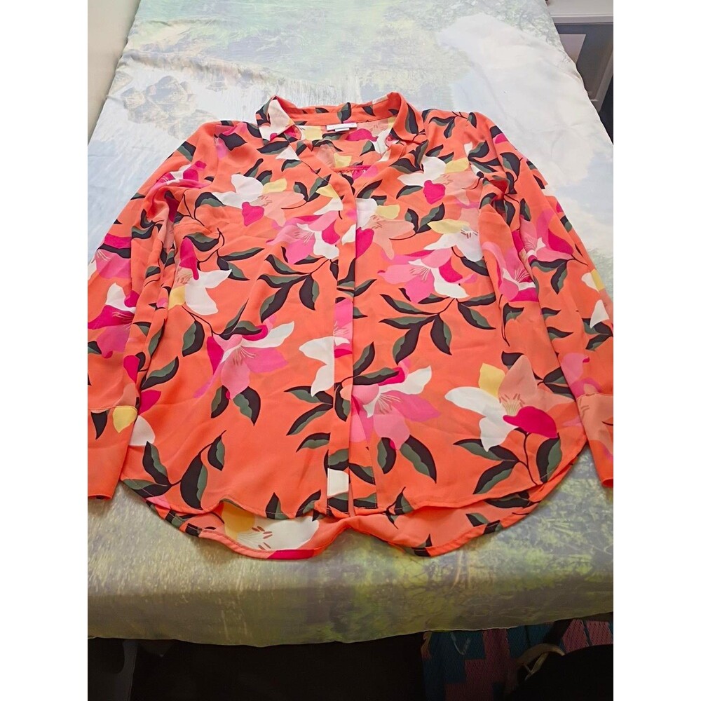 Liz Claiborne Women’s Medium Floral Blouse Coral Orange Long Sleeve Top